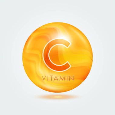 Portakallı U vitamini. Güzellik besin cildi. Vitamin kompleksi gri arka planda izole edilmiş. Ürün tasarımı için. Tıbbi ve bilimsel kavramlar. Simge 3D Vektör EPS10.