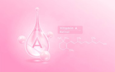 Serum cilt şeffaf su damlaları A vitamini pembe ve yapısal. Molekül parıltılı nemlendirici kolajen ve hyaluronik asit kabarcıkları. Güzellik ürünleri reklamı için. Gerçekçi 3d vektörü.