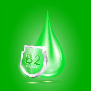 B2 vitamini ve cam kalkan yansımasını bırakın. Vücudu korumak sağlıklı kalmalı. Cilt kozmetik ürünleri için besin ürünleri. Tıbbi kavramlar. İzole edilmiş 3 boyutlu gerçekçi vektör.