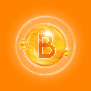 B vitamini portakal. Vitamin kompleksi ve kabarcık kolajen serumu kimyasal formülü. Gıda takviyesi tasarımı ve cilt bakımı için. Tıbbi ve bilimsel kavramlar. 3B Vektör EPS10.