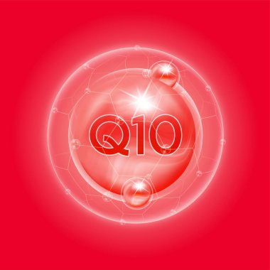 Koenzim Q10 kırmızısı. Vitamin kompleksi ve kabarcık kolajen serumu kimyasal formülü. Gıda takviyesi tasarımı ve cilt bakımı için. Tıbbi ve bilimsel kavramlar. 3B Vektör EPS10.