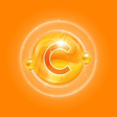 C vitamini portakalı. Vitamin kompleksi ve kabarcık kolajen serumu kimyasal formülü. Gıda takviyesi tasarımı ve cilt bakımı için. Tıbbi ve bilimsel kavramlar. 3B Vektör EPS10.