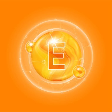 E vitamini portakal. Vitamin kompleksi ve kabarcık kolajen serumu kimyasal formülü. Gıda takviyesi tasarımı ve cilt bakımı için. Tıbbi ve bilimsel kavramlar. 3B Vektör EPS10.