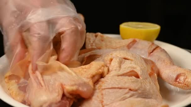 Hand Prepares Chicken Legs Barbecue Grilling Spices Lemons — Stock Video