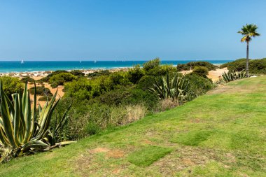Sancti Petri, Cadiz, İspanya 'daki La Barrosa plajına erişim sağlayan kum tepeleri.