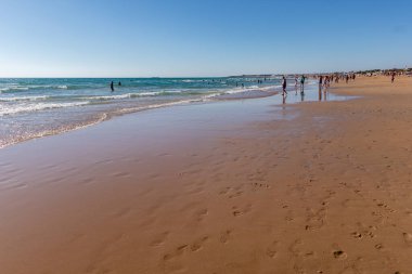 La Barrosa plajı, sular çekildiğinde, Sancti Petri, Chiclana de la Frontera, Cadiz, İspanya