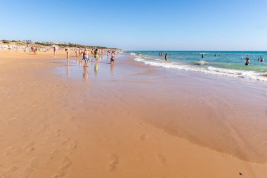 La Barrosa plajı, sular çekildiğinde, Sancti Petri, Chiclana de la Frontera, Cadiz, İspanya