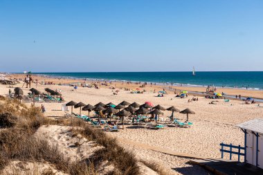 La Barrosa plajı, sular çekildiğinde, Sancti Petri, Chiclana de la Frontera, Cadiz, İspanya