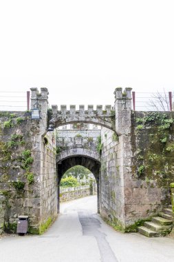 Baiona, İspanya - 05 Aralık 2022: İspanya 'nın Baiona kentindeki eski Monterreal şatosunun detayları bugün halka açık bir parka dönüştürüldü.