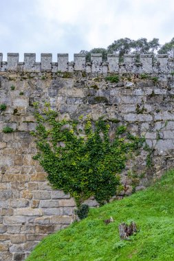 Baiona, İspanya - 05 Aralık 2022: İspanya 'nın Baiona kentindeki eski Monterreal şatosunun detayları bugün halka açık bir parka dönüştürüldü.