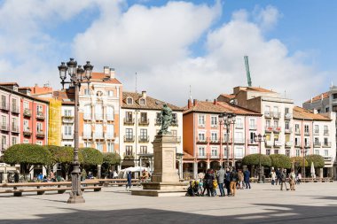 views of the main square of Burgos with people and tourists walking through its streets in Burgos, Spain