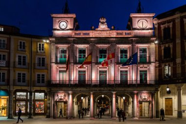 views of the main square of Burgos with people and tourists walking through its streets in Burgos, Spain