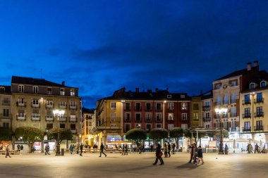 views of the main square of Burgos with people and tourists walking through its streets in Burgos, Spain