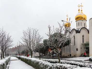 Gardens of a Madrid park covered by snow, in Canillas, Hortaleza neighborhood