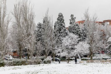 Historic snowfall over the city in Carabanchel district in Madrid