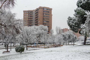 Historic snowfall over the city in Carabanchel district in Madrid