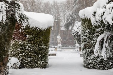 Square of East in madrid theater covered by snow from the storm philomena