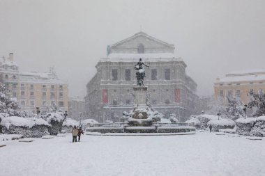 Royal Palace in madrid theater covered by snow from the storm philomena