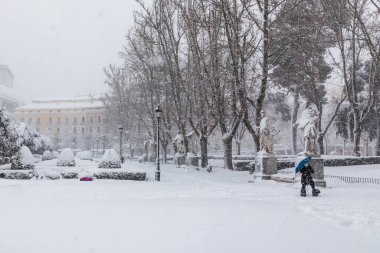 Square of East in madrid theater covered by snow from the storm philomena