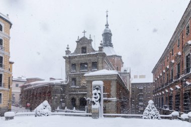 Snowscape in a street in Madrid due to the snowstorm Filomena.