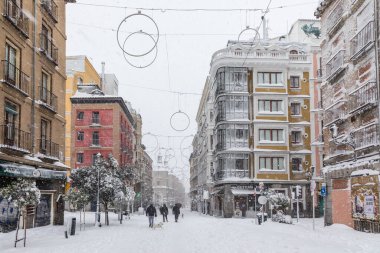 Snowscape in a street in Madrid due to the snowstorm Filomena.