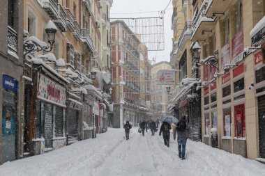 Snowscape in a street in Madrid due to the snowstorm Filomena.