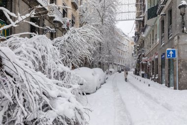Snowscape in a street in Madrid due to the snowstorm Filomena.