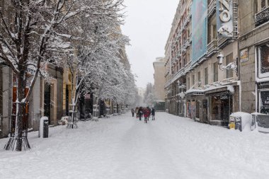 Snowscape in a street in Madrid due to the snowstorm Filomena.