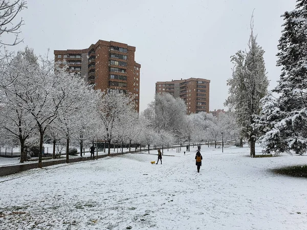 マドリードのカラバンシェル地区の都市の歴史的な降雪 — ストック写真