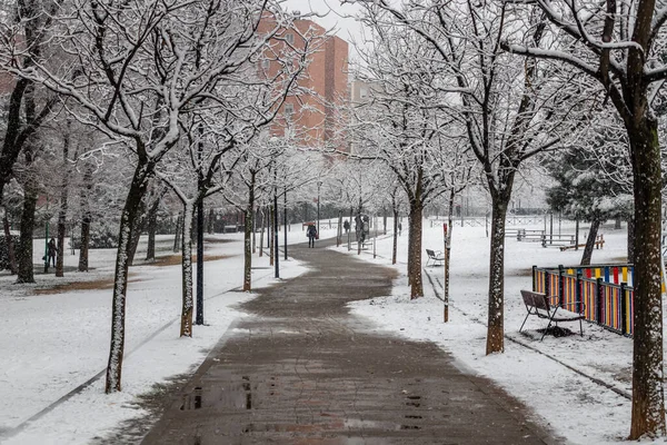 Historic snowfall over the city in Carabanchel district in Madrid