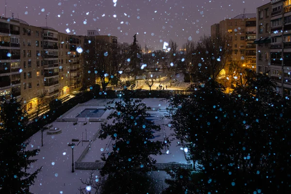 Historic snowfall over the city in Carabanchel district in Madrid