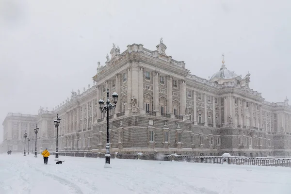 Royal Palace Madrid Theater Covered Snow Storm Philomena — Zdjęcie stockowe