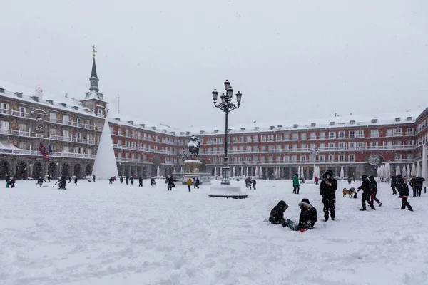 Snowscape Street Madrid Due Snowstorm Filomena Main Square — Zdjęcie stockowe
