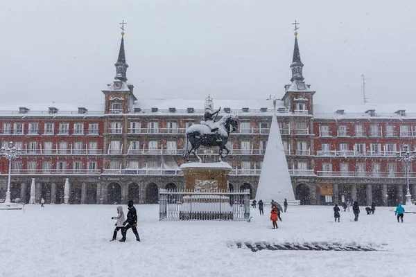 Snowscape Street Madrid Due Snowstorm Filomena Main Square — Zdjęcie stockowe