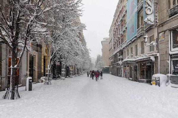 Snowscape in a street in Madrid due to the snowstorm Filomena.