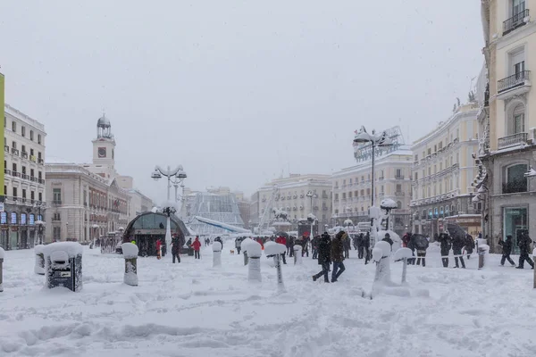 Snowscape Street Madrid Due Snowstorm Filomena Puerta Del Sol Square — Zdjęcie stockowe