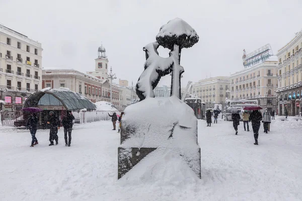 Snowscape Street Madrid Due Snowstorm Filomena Puerta Del Sol Square — Zdjęcie stockowe