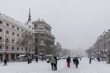 Snowscape in a street in Madrid due to the snowstorm Filomena in street alcala