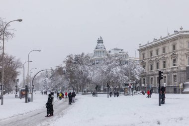Snowscape in a street in Madrid due to the snowstorm Filomena in square cibeles