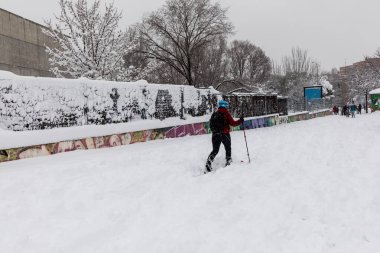 Snowscape in a park in Madrid due to the snowstorm Filomena in the Carabanchel neighborhood, Madrid