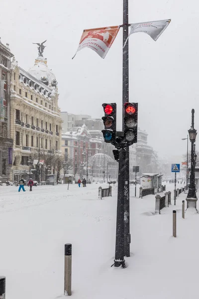 Snowscape Street Madrid Due Snowstorm Filomena Street Alcala — Zdjęcie stockowe