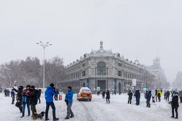 Snowscape Street Madrid Due Snowstorm Filomena Square Cibeles — Zdjęcie stockowe