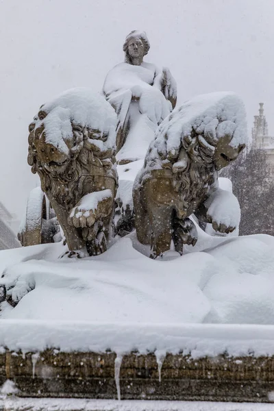 Snowscape Street Madrid Due Snowstorm Filomena Fountain Cibeles — 스톡 사진