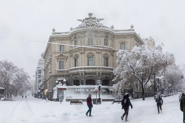 Snowscape Street Madrid Due Snowstorm Filomena Square Cibeles — Zdjęcie stockowe