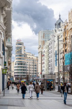 details of the historic buildings in the center of Madrid, specifically the gran via street