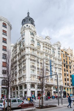 details of the historic buildings in the center of Madrid, specifically the gran via street
