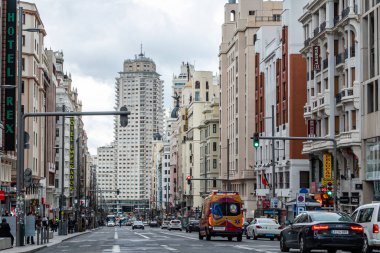 details of the historic buildings in the center of Madrid, specifically the gran via street
