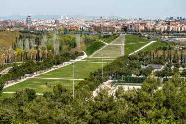 Gardens and meadows of the linear park of the Manzanares in Madrid