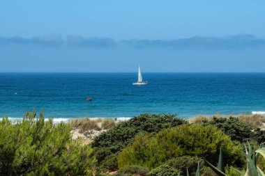 pleasure boat passing in front of the beach of La Barrosa, Cadiz, Spain