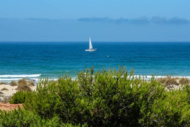 pleasure boat passing in front of the beach of La Barrosa, Cadiz, Spain